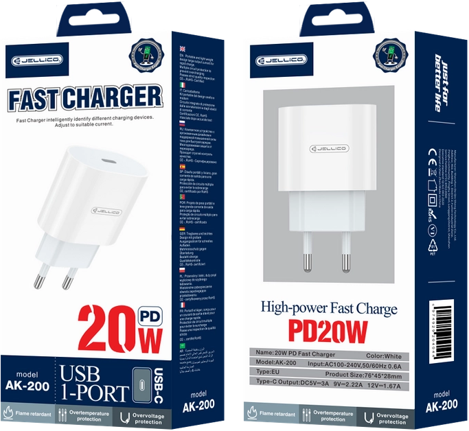 20W PD USB-C Laidinis įkroviklis Jellico AK200 baltos spalvos
