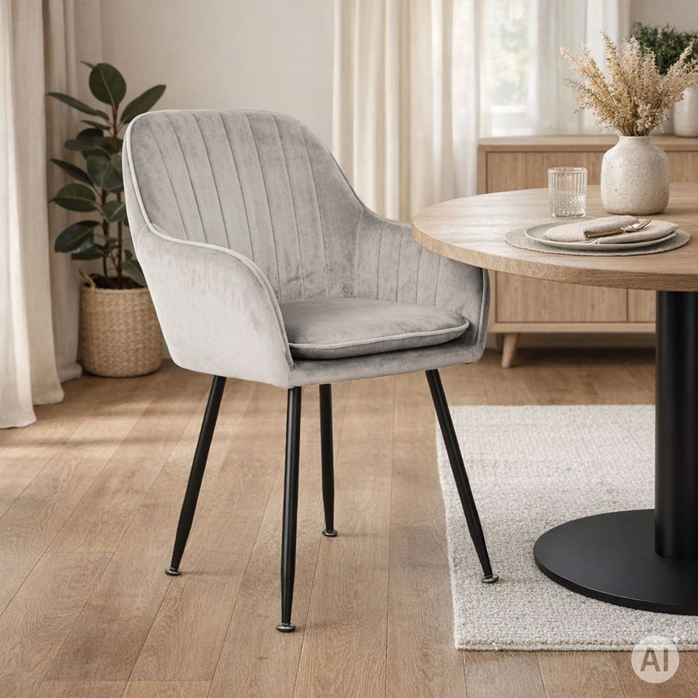 2x modernių velūrinių apmuštų kėdžių komplektas valgomajam svetainei šviesiai pilkos spalvos ModernHome