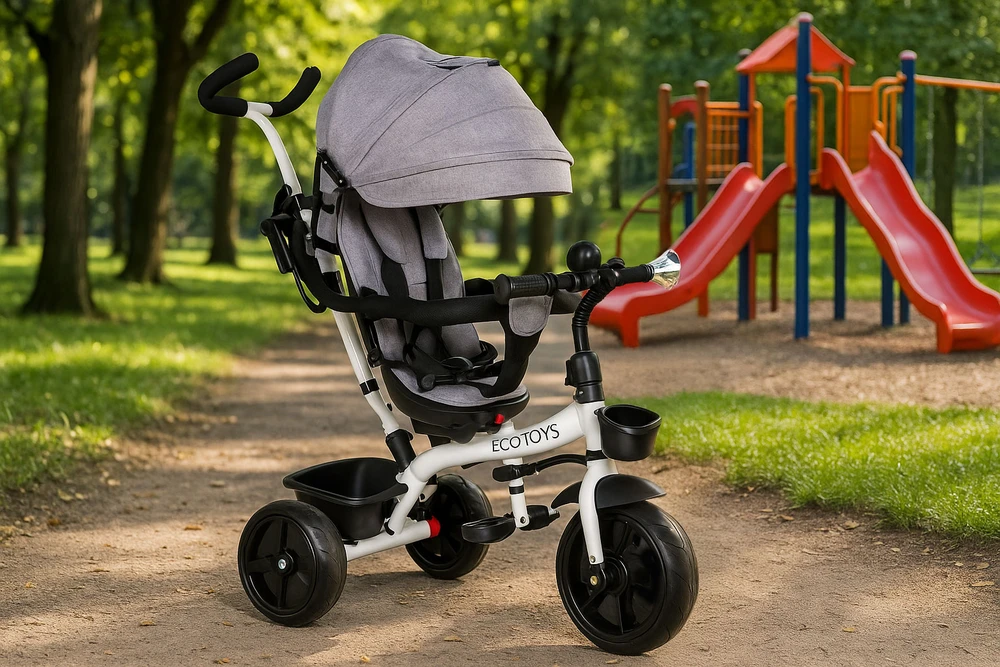 Ecotoys Besisukantis triratukas su gaubtu 360° Pilka