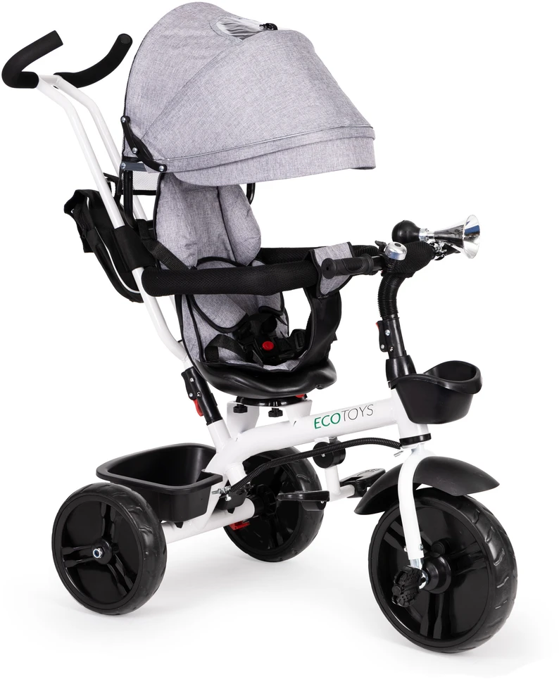 Ecotoys Besisukantis triratukas su gaubtu 360° Pilka