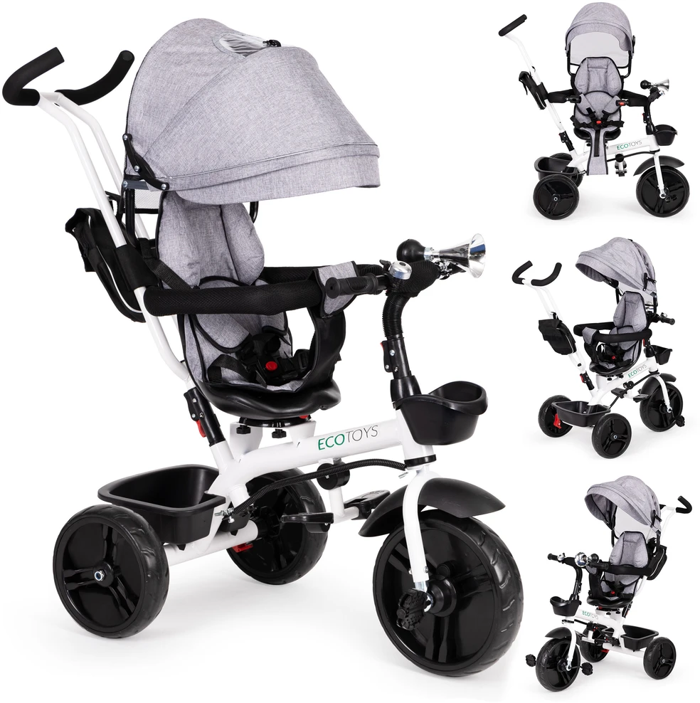 Ecotoys Besisukantis triratukas su gaubtu 360° Pilka