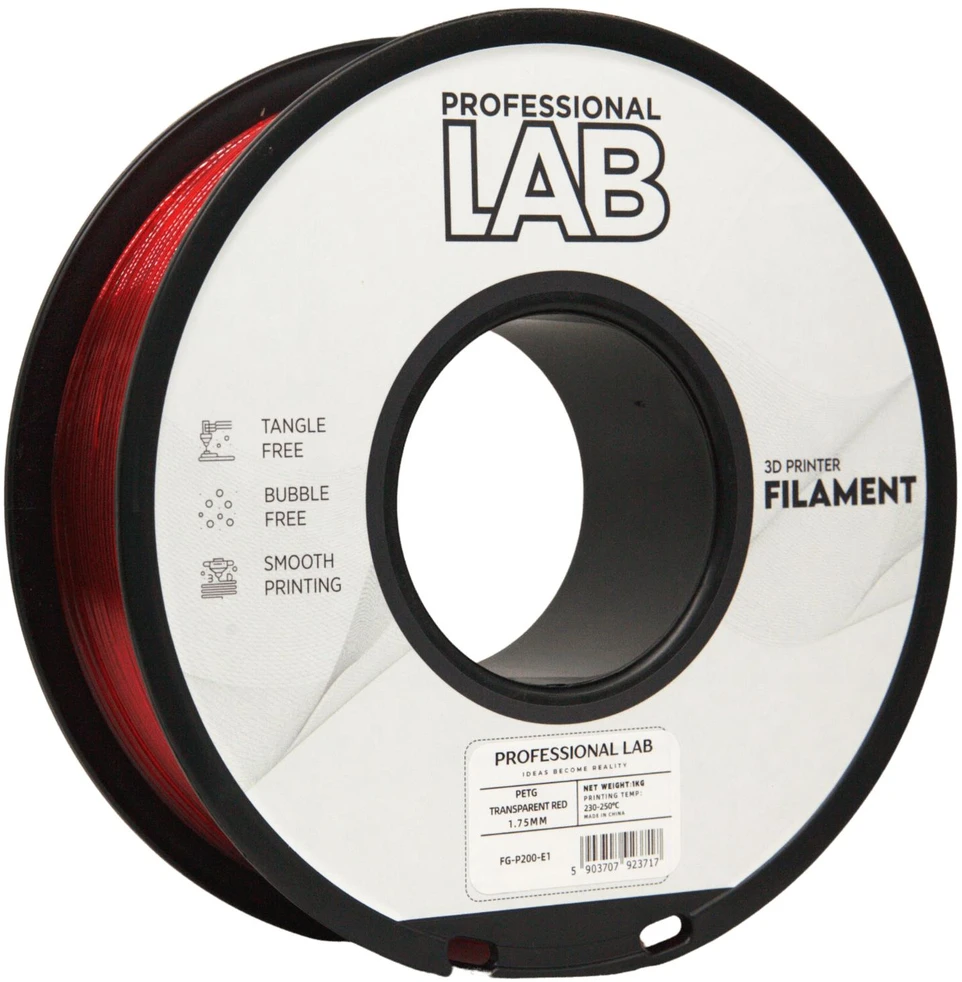 3D Plastikas – Filamentas PETG transparent red | 1.75 mm, 1kg | Professional LAB