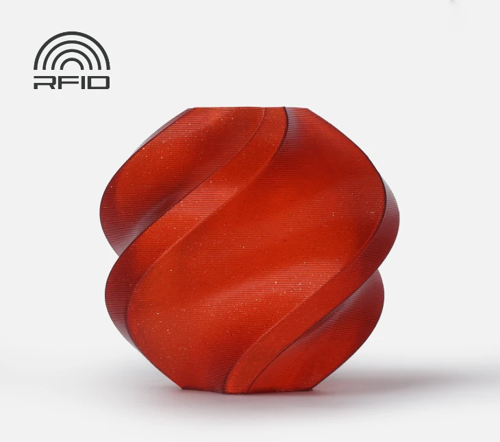 Bambu Lab PLA Sparkle plastikas 1.75mm 1kg – komplektuojamas su daugkartinio naudojimo rite – Crimson Raudona Sparkle