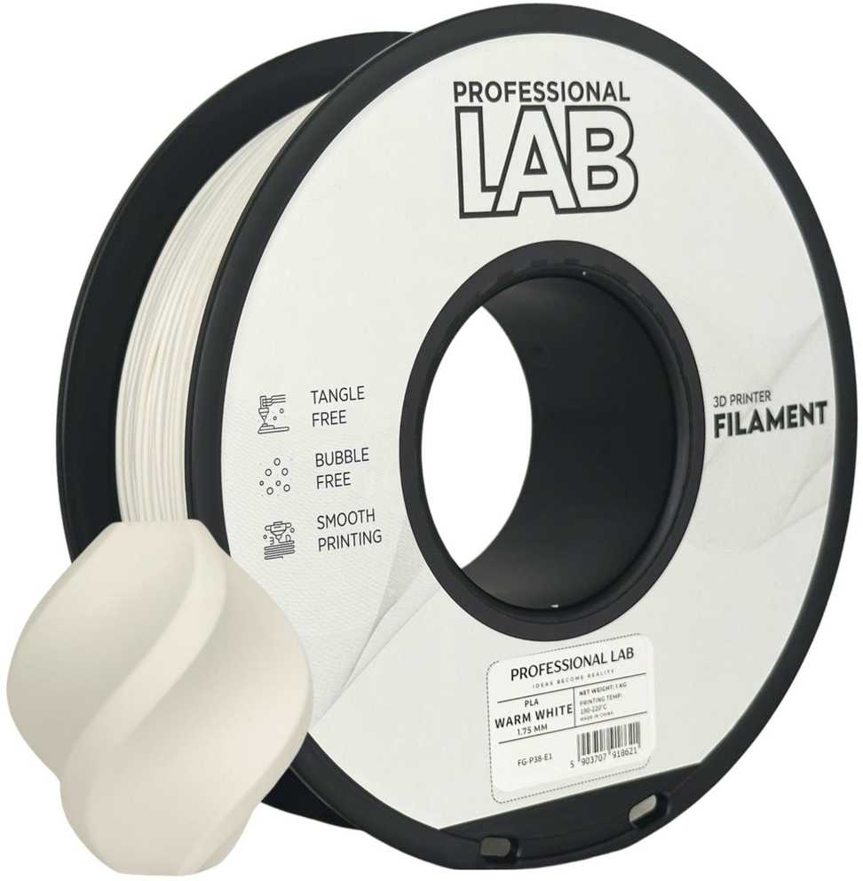 3D Plastikas – Filamentas PLA warm baltos spalvos | 1.75 mm, 1kg | Professional LAB