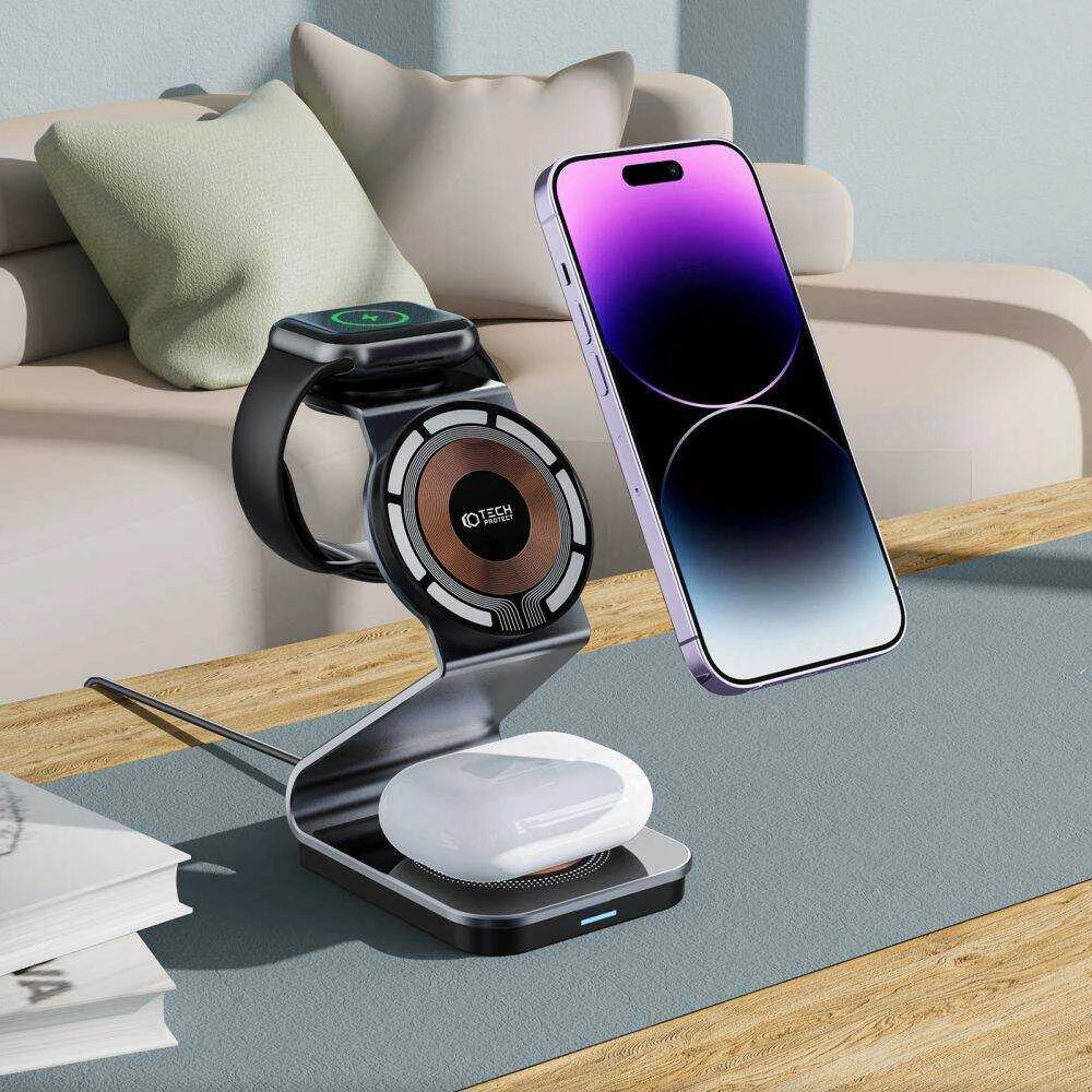 3in1 15W MagSafe Belaidis įkroviklis Tech-Protect QI15W-A29 juodos spalvos