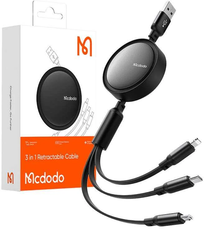 3 viename USB į USB-C / Lightning / Micro USB kabelis, Mcdodo CA-7256, 3.5 A, 1.2 m (juodas)