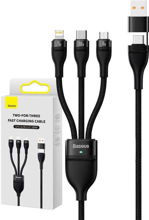 Baseus Flash Series 2 3in1 USB laidas USB-C + micro USB + Lightning 100W 1,2m – Juodas