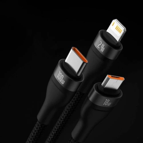 Baseus Flash Series 3in1 USB laidas USB-C + micro USB + Lightning 100W 1.2m – Juodas