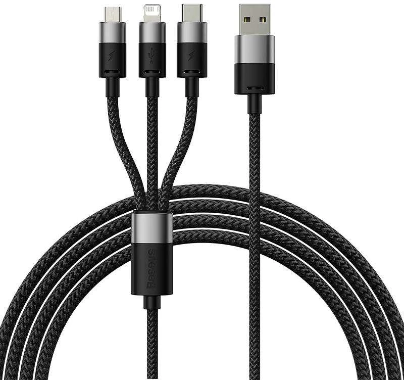 3in1 USB laidas Baseus StarSpeed Series, USB-C + Micro + Lightning 3.5A, 1.2m (juodas)