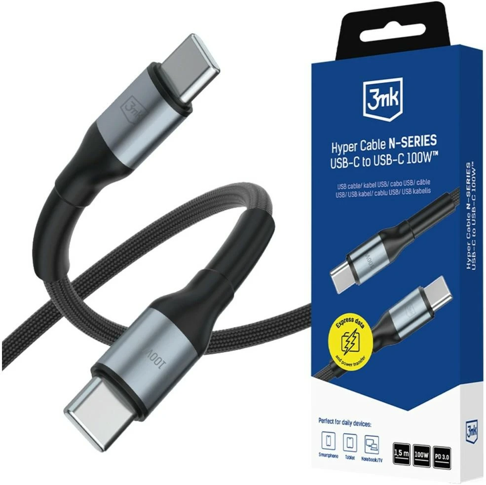 3Mk Protection 3mk Hyper Cable N-SERIES USB-C / USB-C 1.5m PD 3.0 QC 3.0 20V / 5A 100W - juodas