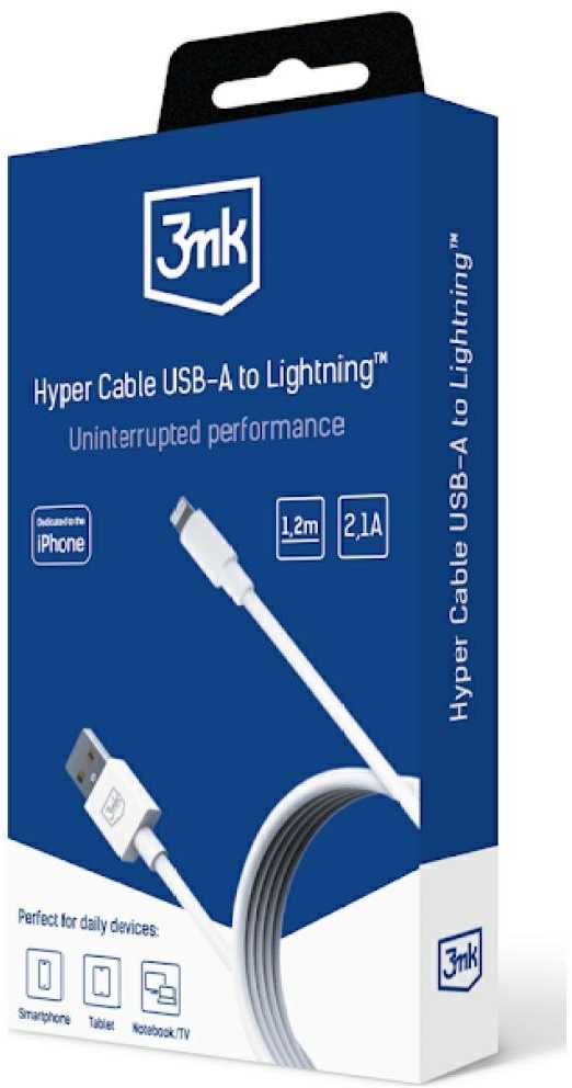 3MK Hyper Cable USB-A į Lightning 1.2m 5V/2.1A 12W baltos spalvos