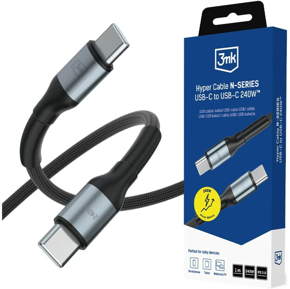3Mk apsaugos priedai - 3mk Hyper Cable N-SERIES C-C 1m PD 3.0 QC 3.0 48V/5A 240W Juodas