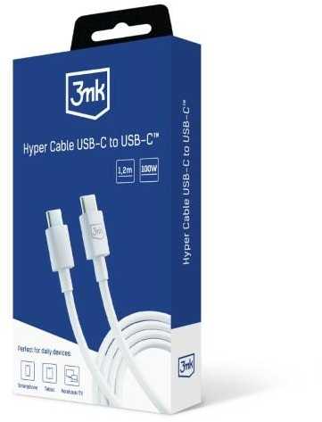 3MK Hyper Kabelis USB-C - USB-C 100W 1.2m baltos spalvos Kabelis