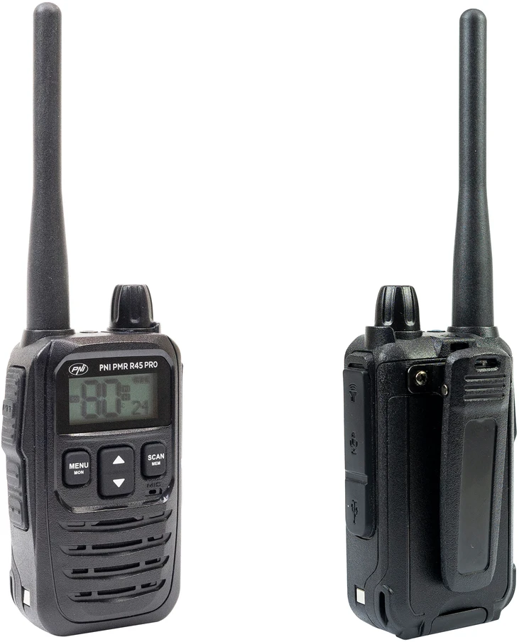 4 nešiojamų radijo stotelių rinkinys PNI PMR R45 PRO 446MHz, 0.5W, 99 programuojami kanalai, 16 PMR ir 38 CTCSS bei 104 DCS tonai, 5 lygių Squelch, VOX, TOT, BCL, Scan, Roger Beep