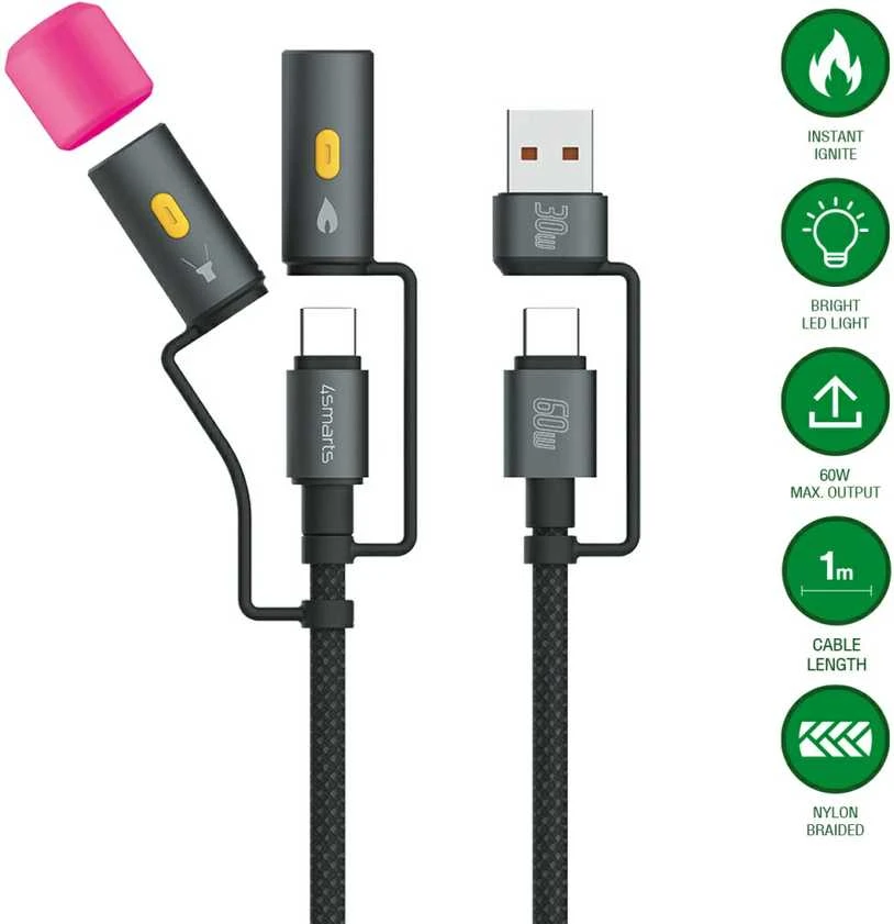 4Smarts 4in1 USB-C Cable Set Explorer 60W 1m juodas