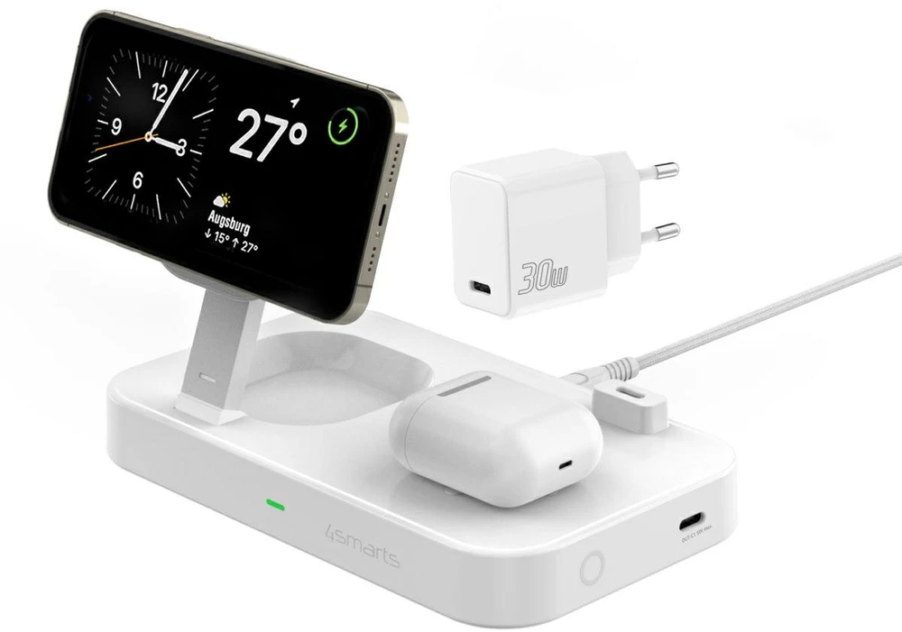 4smarts belaidis įkroviklis QI2 Trident 2in1 + USB-C + Laidinis įkroviklis 30W baltos spalvos 540998