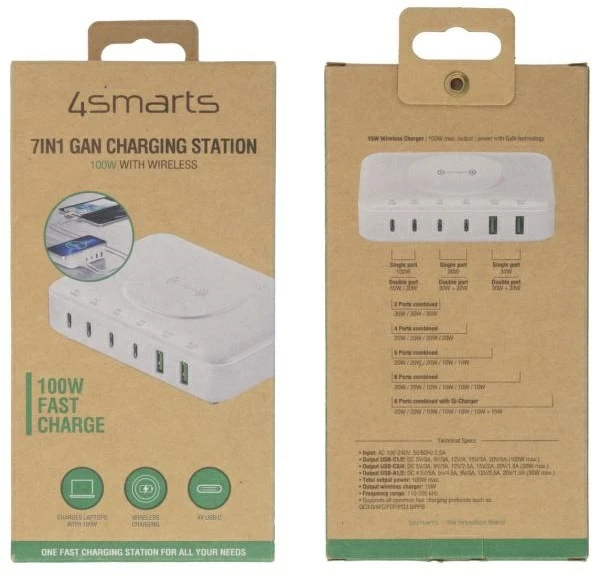 4smarts 7in1 100W įkrovimo stotelė su belaidžiu įkrovimu Baltas 540570