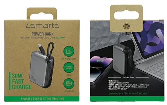 4smarts Pocket 10000 mAh 30W su įmontuotu USB-C kabelio kamuoliuku