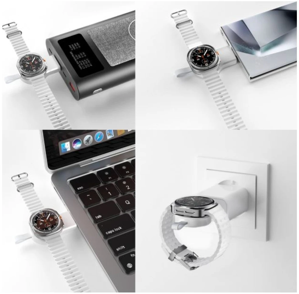 4smarts Qi2 Trident įkrovimo stotelė su įkrovikliu, skirta „Galaxy Watch“ baltos spalvos