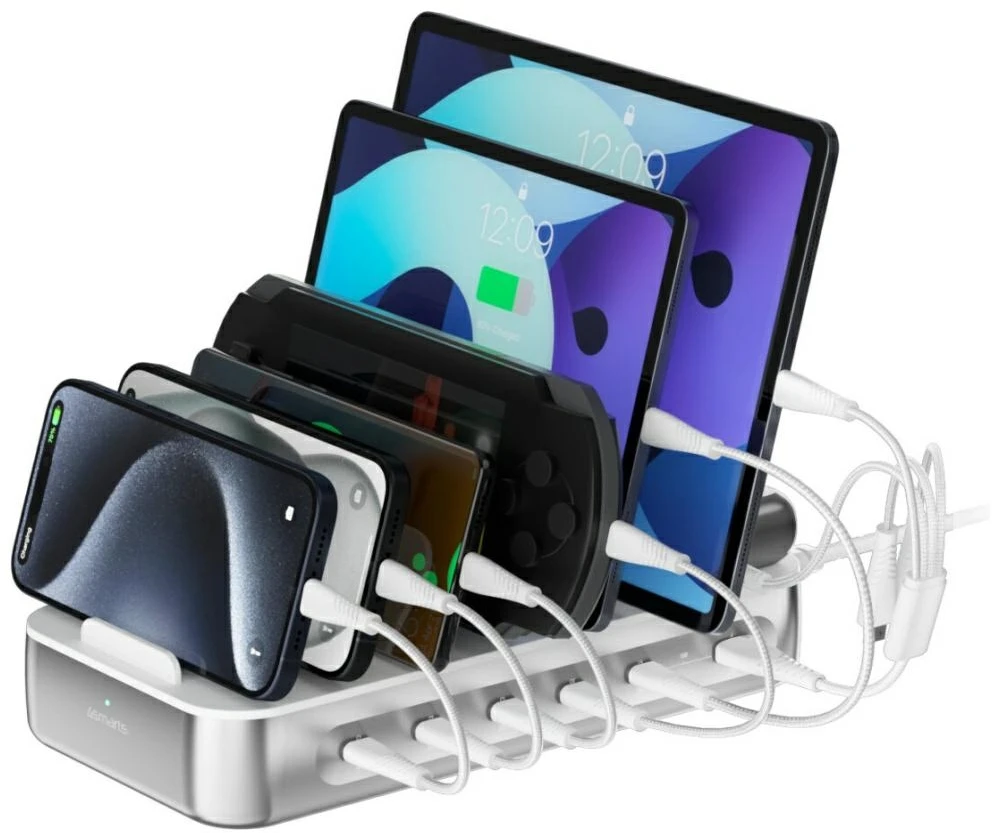 4smarts Team 100W įkrovimo stotelė 5xUSB-C su 6 laidų rinkiniu, sidabrinis