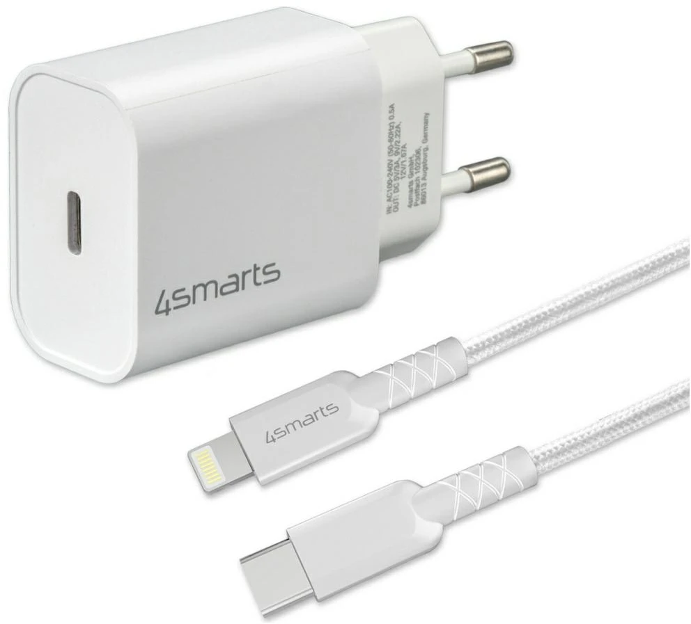 4smarts VoltPlug 20W PD USB-C Laidinis įkroviklis with USB-C to Lightning cable baltos spalvos