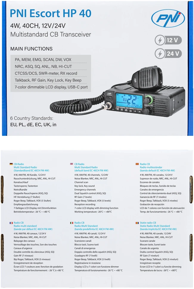 6 dalių CB PNI Escort HP 40 multistandartinė radijo stotelė, 4W, AM, FM, 12-24V, ASQ, RF Gain
