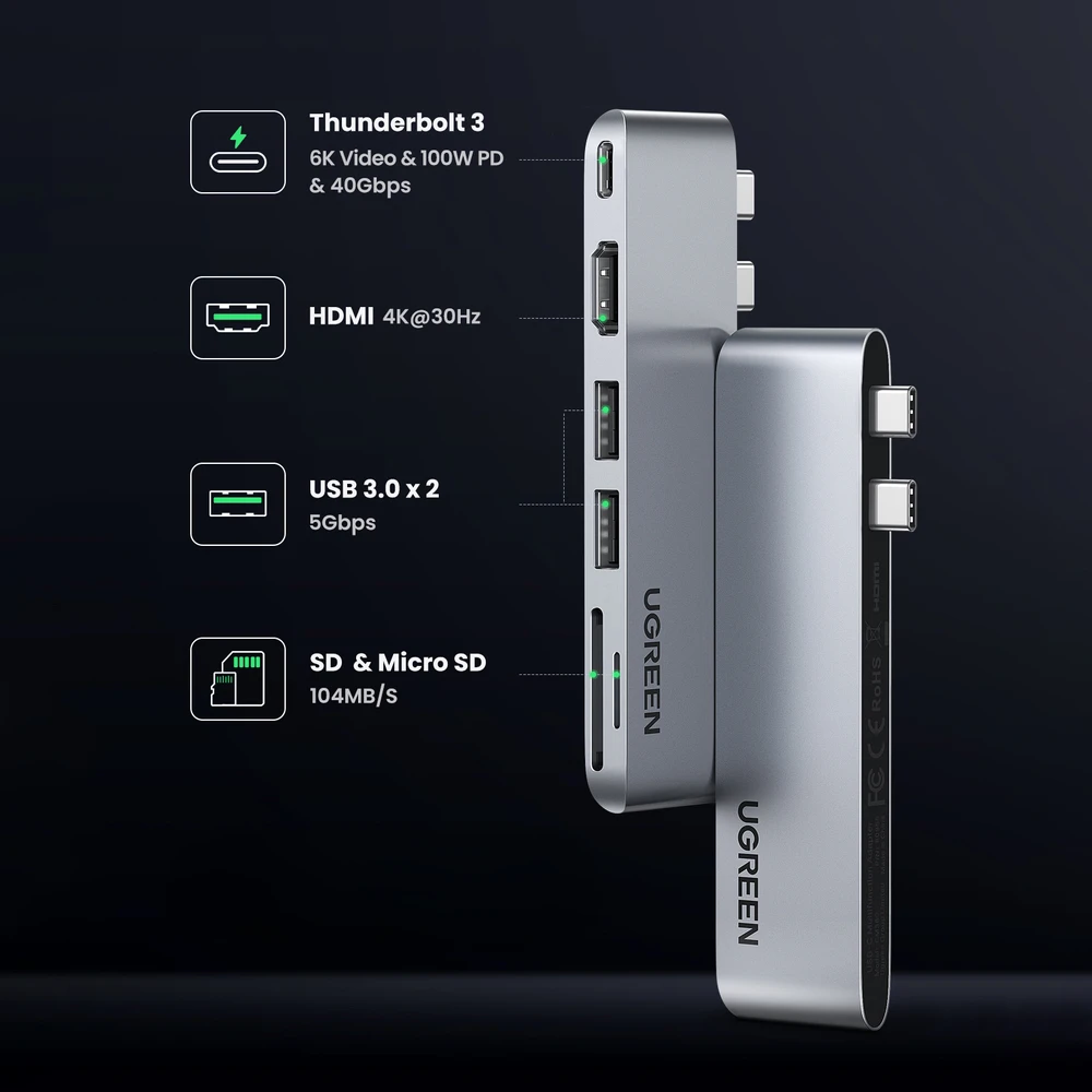 6-in-2 adapteris UGREEN CM380 USB-C šakotuvas, skirtas MacBook Air / Pro