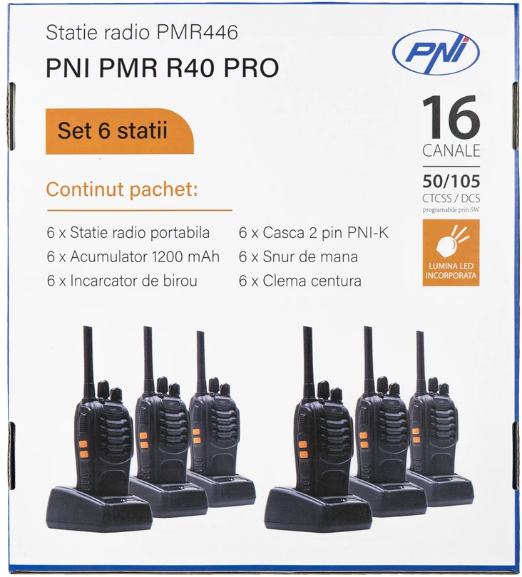 6 nešiojamų radijo stotelių rinkinys PNI PMR R40 PRO, komplekte baterijos, įkrovikliai ir ausinės