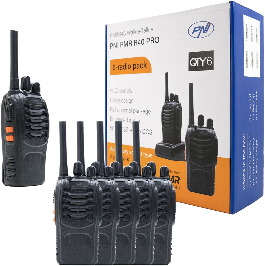 6 nešiojamų radijo stotelių rinkinys PNI PMR R40 PRO, komplekte baterijos, įkrovikliai ir ausinės