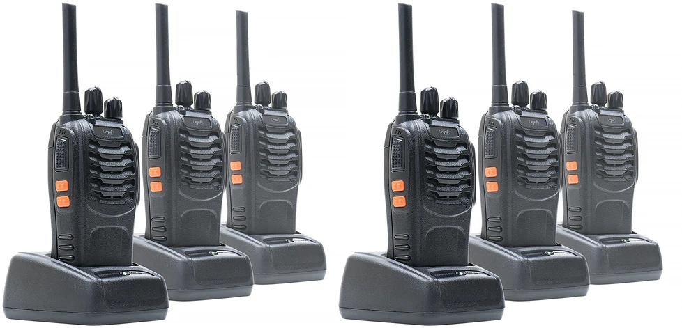 6 nešiojamų radijo stotelių rinkinys PNI PMR R40 PRO, komplekte baterijos, įkrovikliai ir ausinės