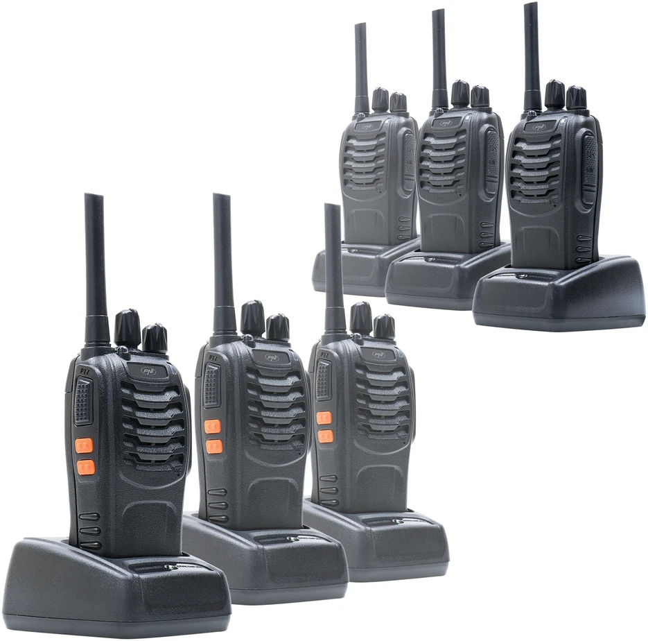 6 nešiojamų radijo stotelių rinkinys PNI PMR R40 PRO, komplekte baterijos, įkrovikliai ir ausinės