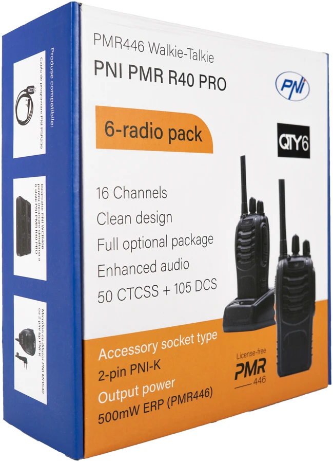 6 nešiojamų radijo stotelių rinkinys PNI PMR R40 PRO, komplekte baterijos, įkrovikliai ir ausinės