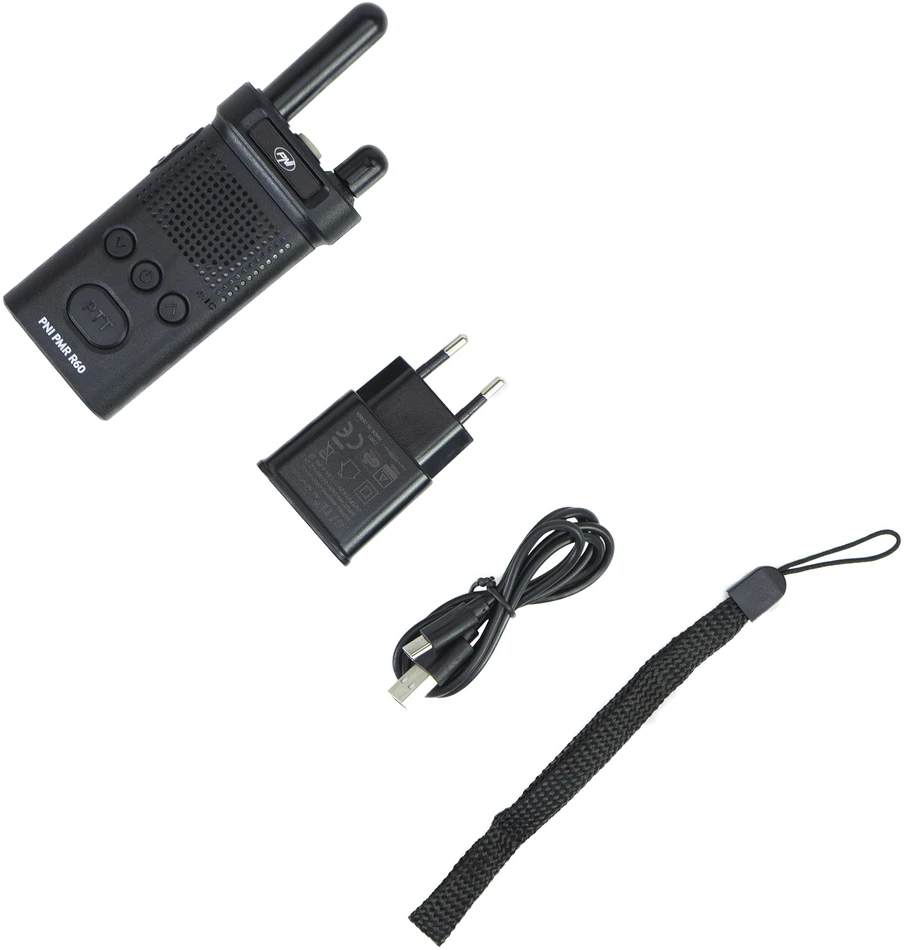 6 nešiojamų radijo stotelių rinkinys PNI PMR R60 446MHz, 0.5W, 16 programuojamų kanalų, 16 PMR ir 50 CTCSS bei 104 DCS tonų, nuskaitymas (Scan), klaviatūros užraktas, SOS, monitorius, 1200mAh baterija