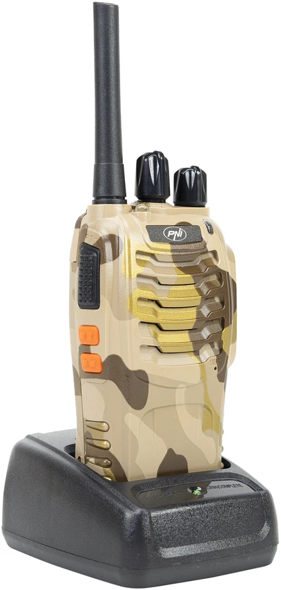 8 vnt. PNI PMR R40 CAMO 0.5W nešiojamų radijo stotelių rinkinys, 16 PMR kanalų, Li-Ion 1200mAh baterija, su įkrovikliais ir ausinėmis
