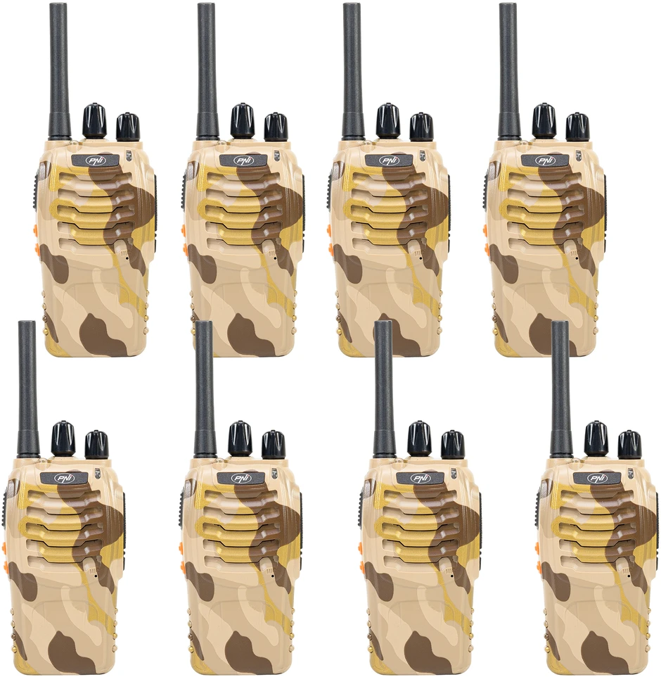 8 vnt. PNI PMR R40 CAMO 0.5W nešiojamų radijo stotelių rinkinys, 16 PMR kanalų, Li-Ion 1200mAh baterija, su įkrovikliais ir ausinėmis