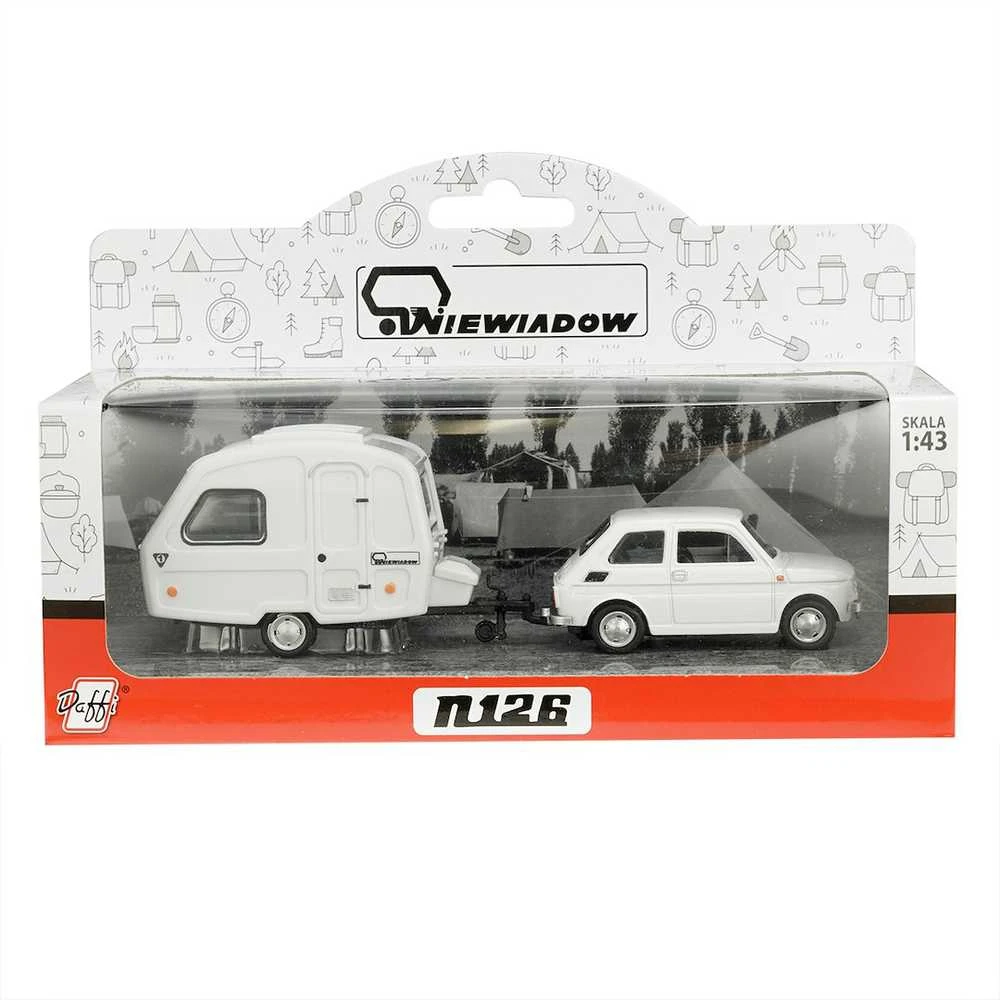 Daffi Carm Modeliukas 1:43 Fiat 126p + Niewiadów caravan, baltos spalvos