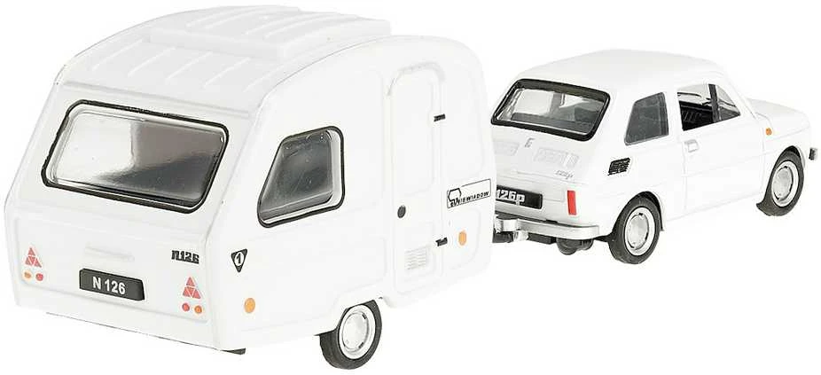 Daffi Carm Modeliukas 1:43 Fiat 126p + Niewiadów caravan, baltos spalvos
