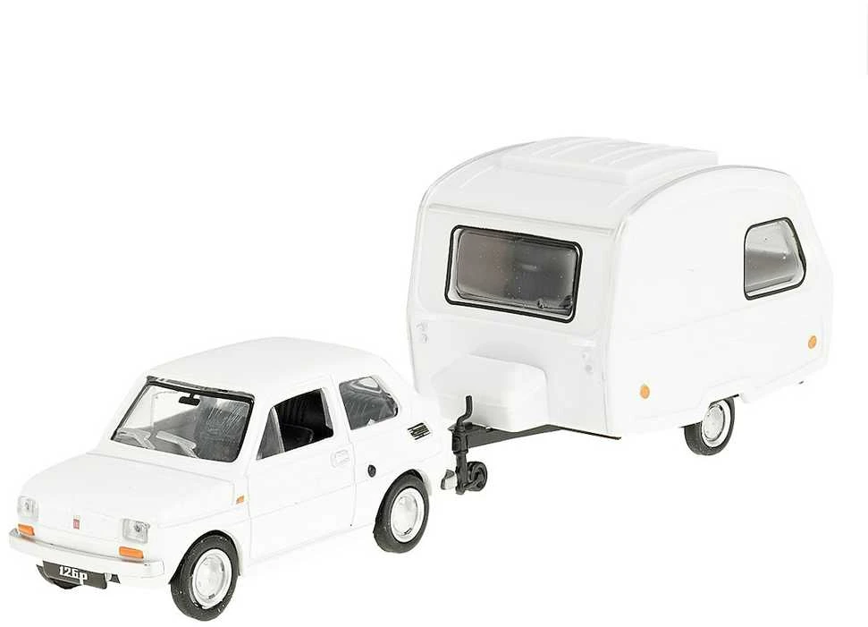 Daffi Carm Modeliukas 1:43 Fiat 126p + Niewiadów caravan, baltos spalvos