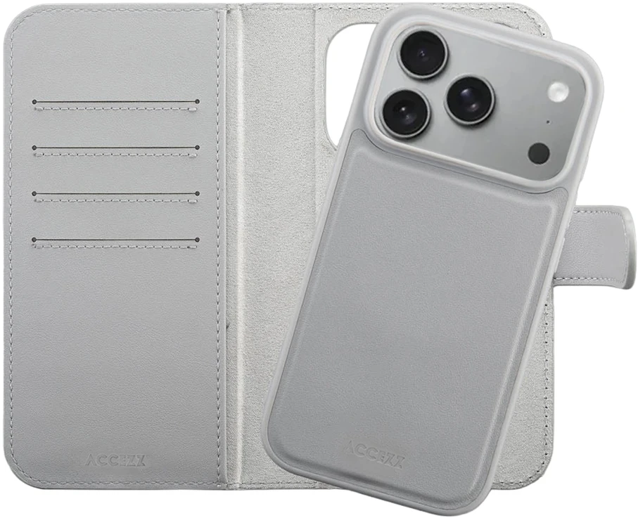 Accezz Edge nuimamas knygos tipo dėklas su MagSafe, skirtas iPhone 18 Pro / 17 Pro – pilkas