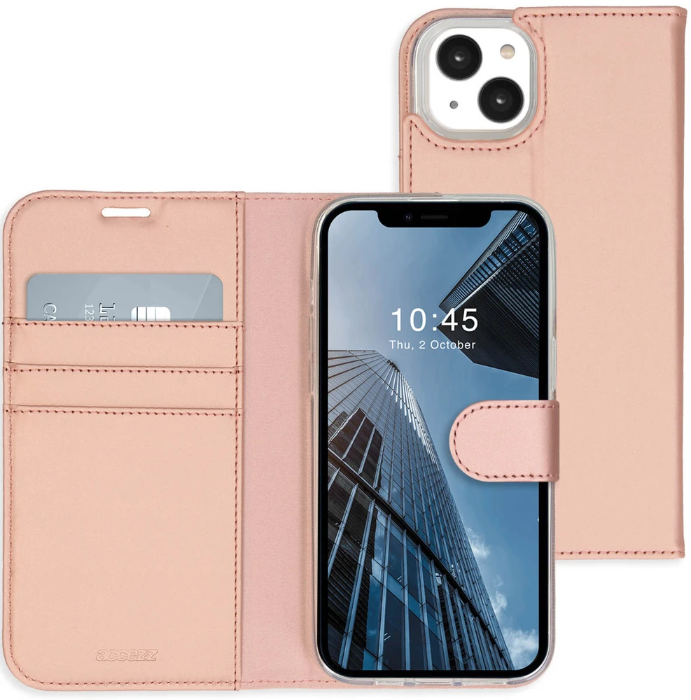 Accezz piniginės tipo TPU atverčiamas dėklas, skirtas iPhone 14 Plus – rožinio aukso spalvos