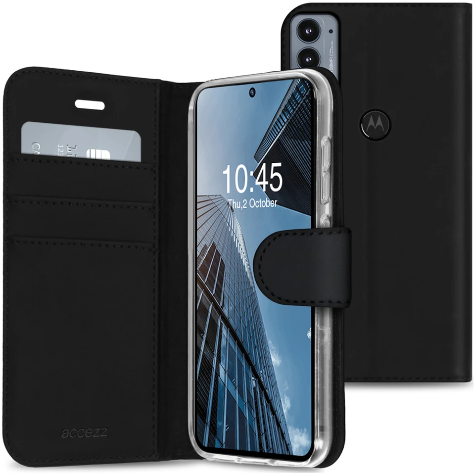 Accezz piniginės tipo TPU atverčiamas dėklas, skirtas Motorola Edge 20 – juodas