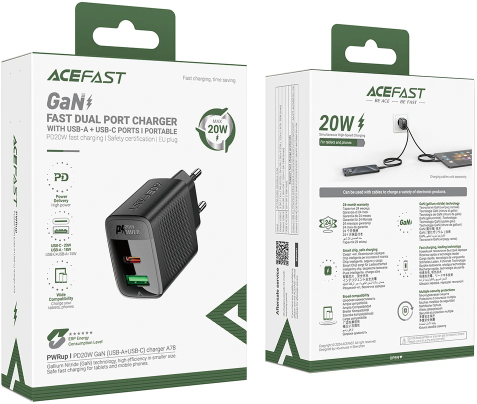 Acefast A78 įkroviklio tinklas GaN USB-A / USB-C PD 20W – juodas