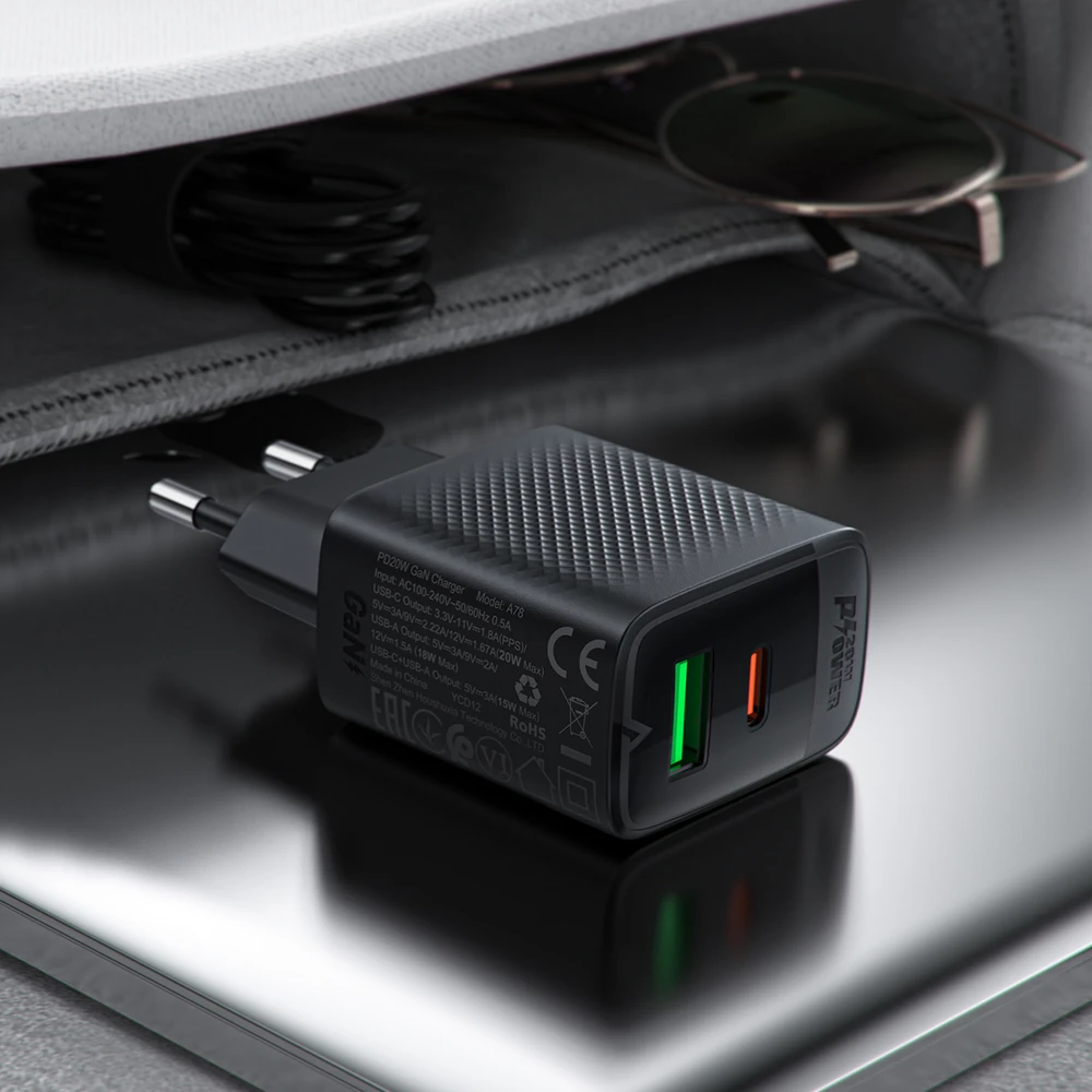 Acefast A78 įkroviklio tinklas GaN USB-A / USB-C PD 20W – juodas