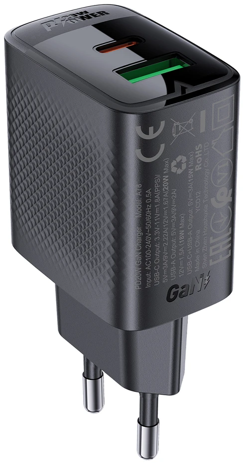 Acefast A78 įkroviklio tinklas GaN USB-A / USB-C PD 20W – juodas
