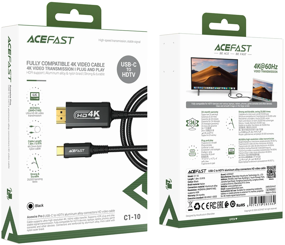 Kabelis Acefast C1-10 USB-C to HDMI 1.8m juodas