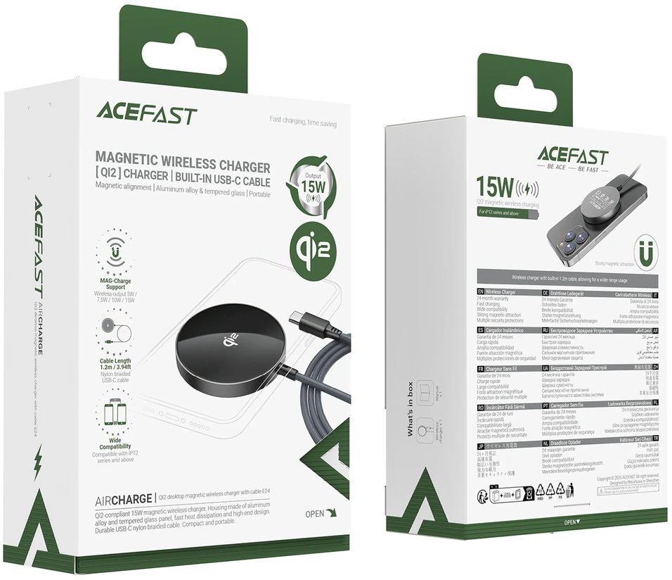 Acefast E24 Qi2 15W magnetinis indukcinis įkroviklis su 1,2 m USB-C laidu - Juodas