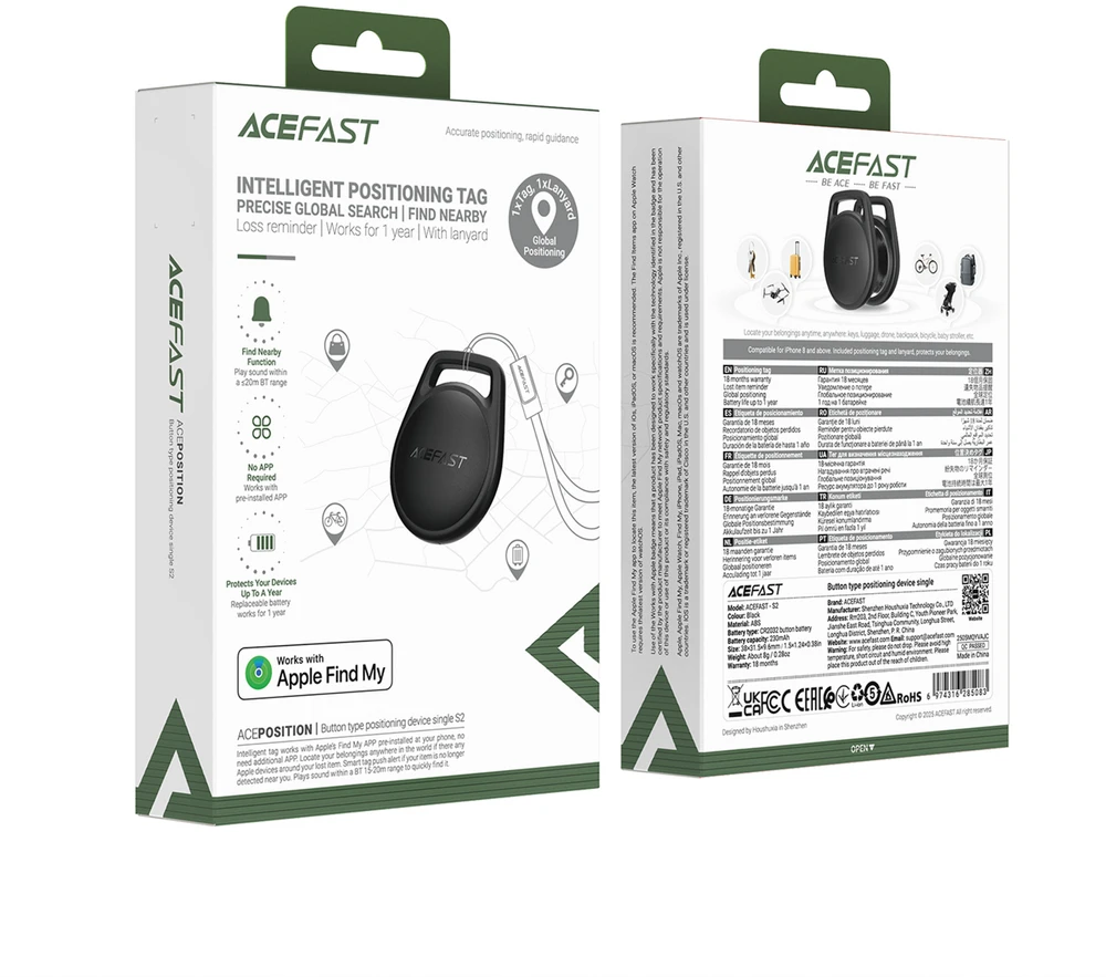 Acefast S2 „Bluetooth“ ieškiklis, suderinamas su „Apple Find My“ – juodos spalvos