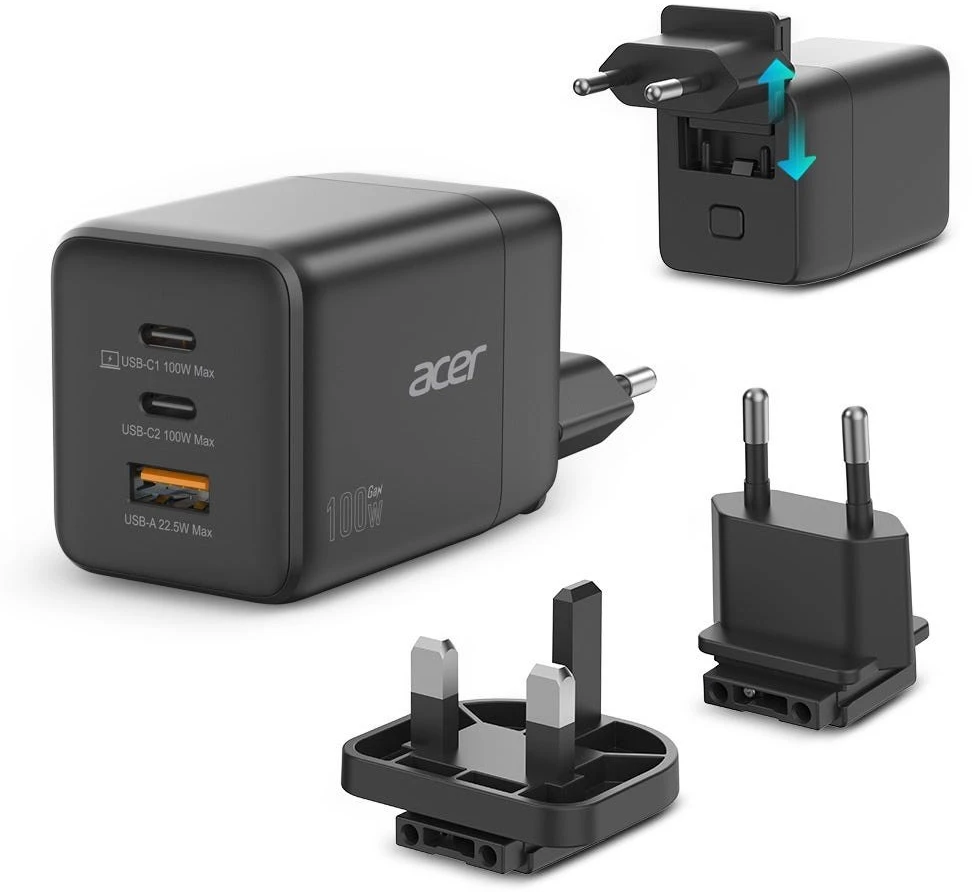 Acer | 100 W GaN įkroviklis, 2 x USB-C + 1 x USB-A jungtys