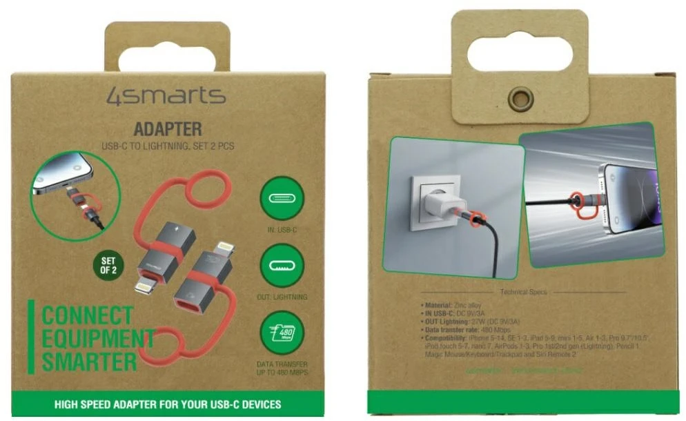 Adapteris 4smarts USB-C į Lightning PD 27W pilka 2vnt