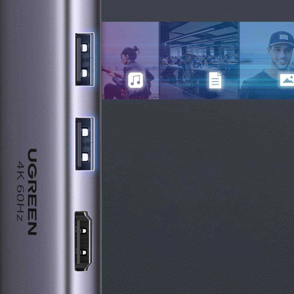 Ugreen daugiafunkcinis C tipo USB šakotuvas - 2x USB 3.2 Gen 1 / HDMI 4K 60Hz / SD ir TF kortelių skaitytuvas / C tipo USB PD 100W pilkos spalvos (60384 CM511)